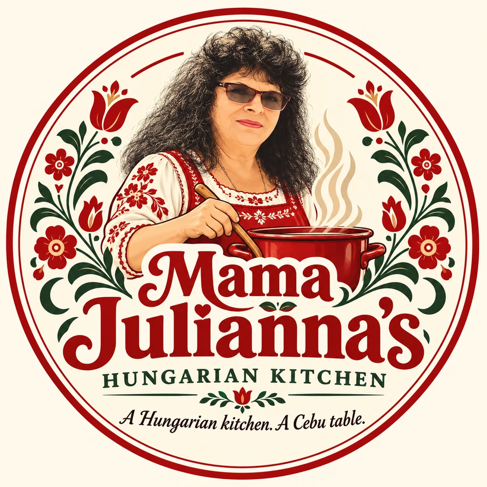 Mama Julianna's Hungarian Kitchen logo, with an illustrated Julianna stirring a red pot, framed by Hungarian folk flowers